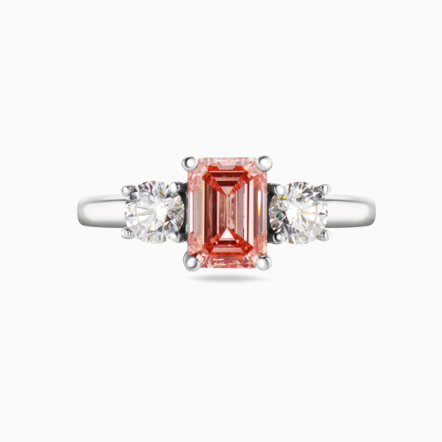 Three-Stone Diamond Engagement Ring with Fancy Pink Emerald Lab-created Diamond, 14k White Gold